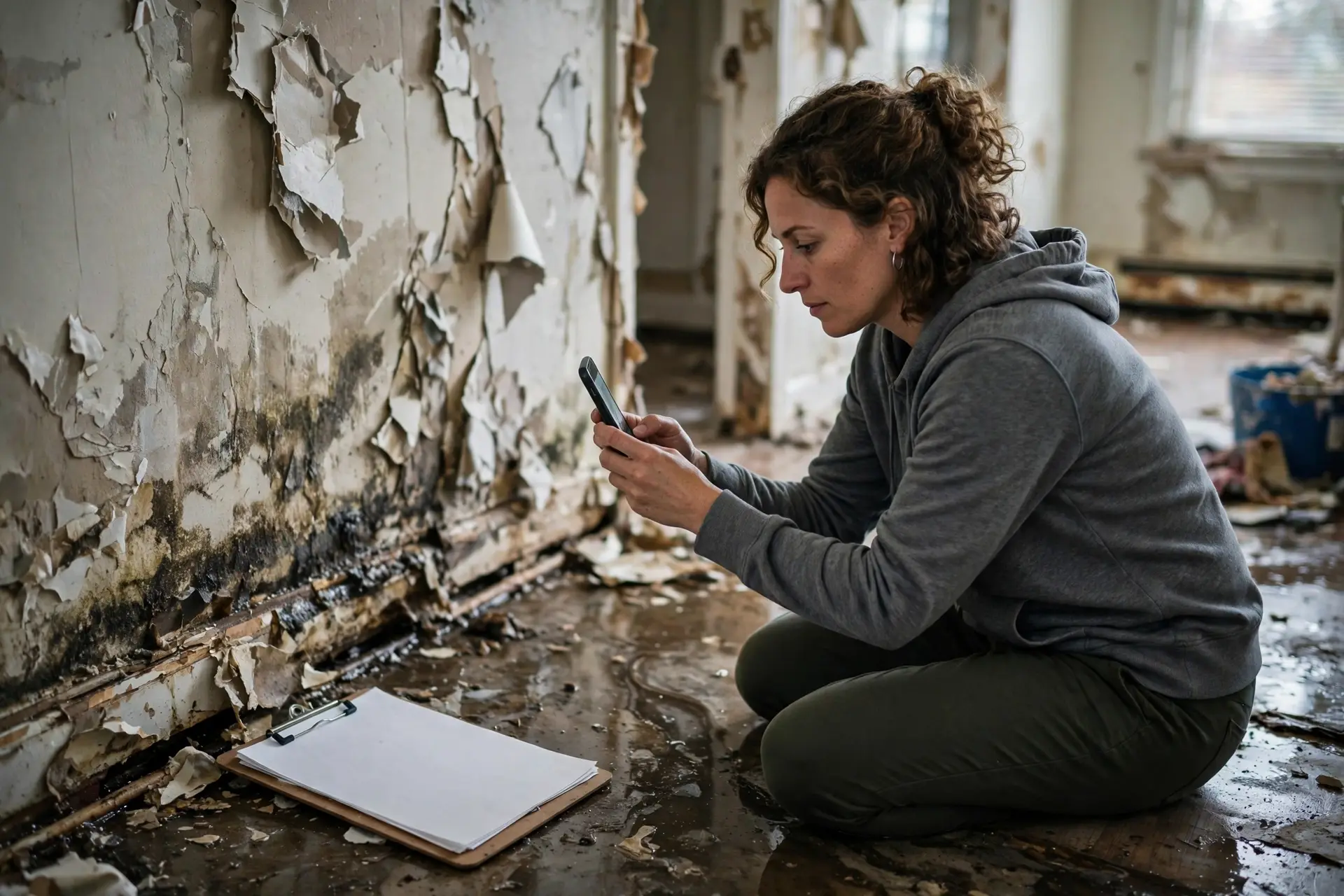Homeowner photographing water damage for an insurance claim