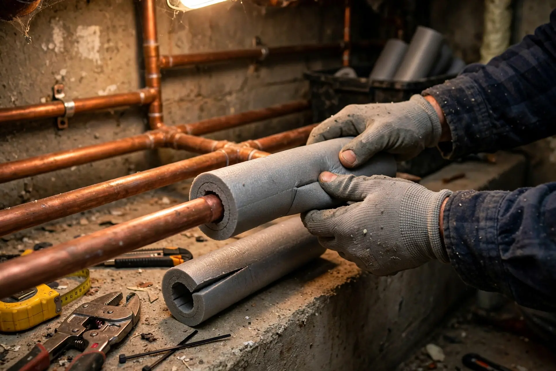 Insulated pipes in an unheated La Crosse basement during winter