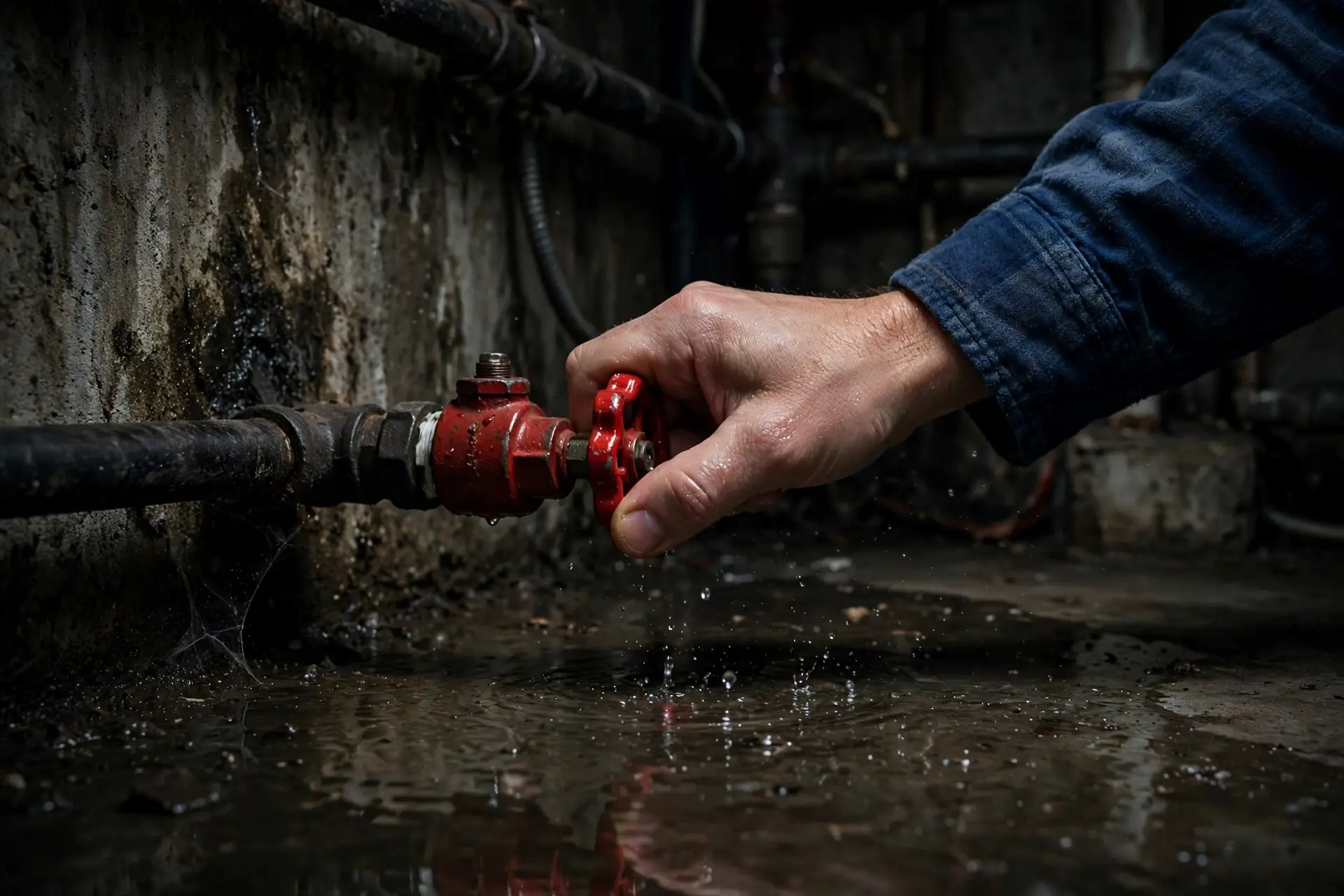 Water spraying from a burst pipe in a La Crosse home basement